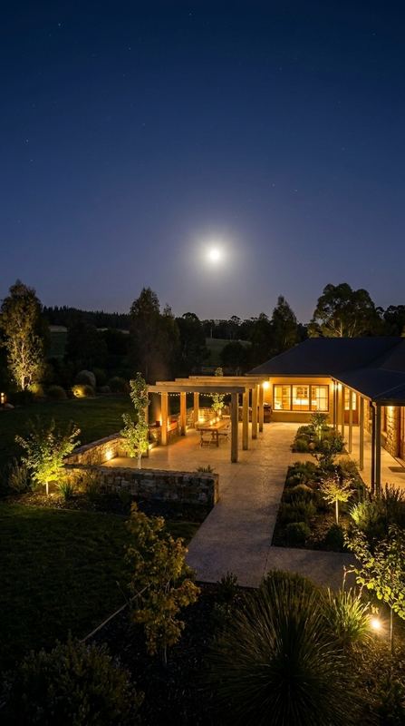 Lit pergola courtyard, stone walls and established planting at the same rural home, after