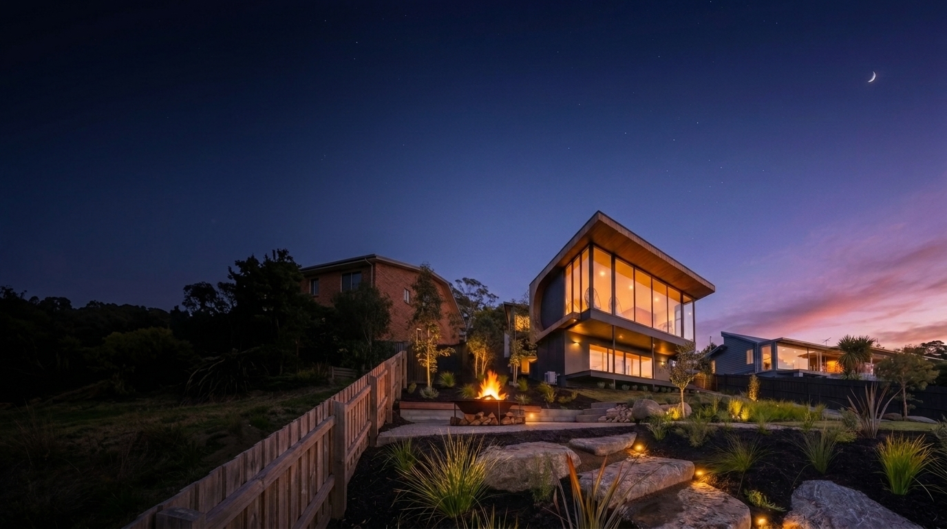 Terraced native garden with stone steps, garden lighting and a fire pit below a modern timber and glass home at dusk